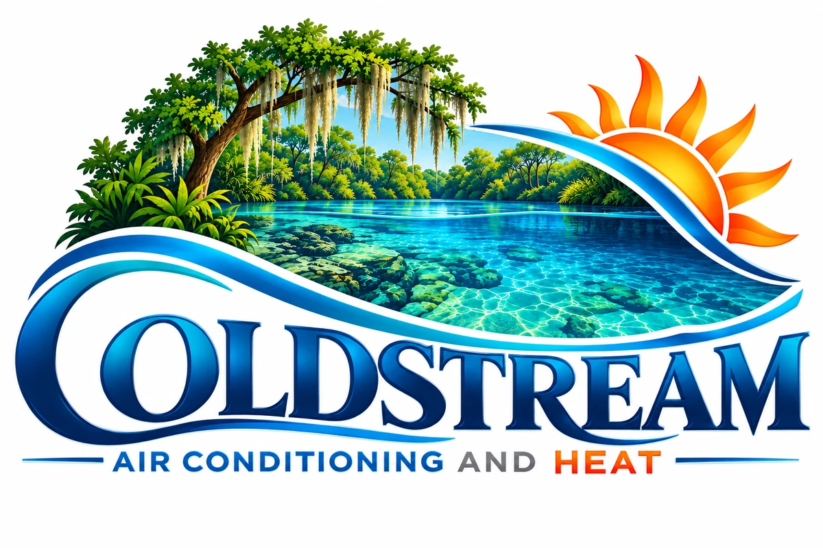 Coldstream Air Conditioning & Heat logo: a live oak over a clear Florida spring, with the sun rising